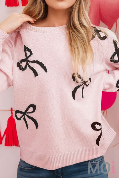 Bow Print Long Sleeve Loose Fit Sweater