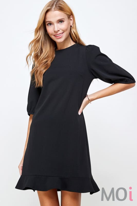 Solid Puff Sleeve Dress Black