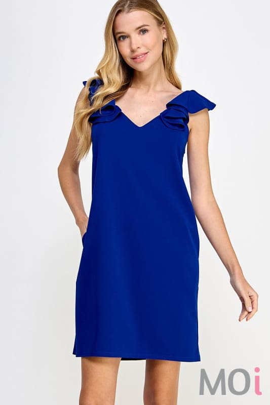 Solid Ruffle Sleeve Shift Dress Royal