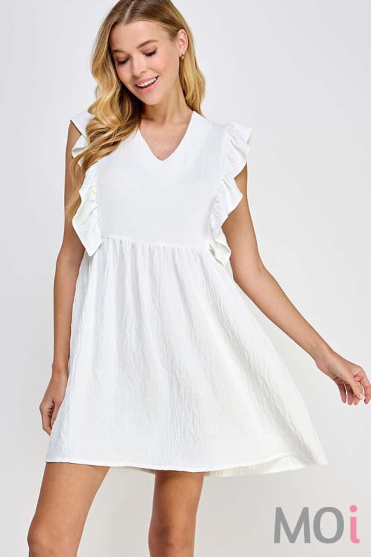 Solid Ruffle Shoulder Dress Ivory