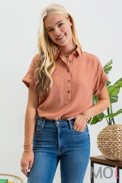 MID BUTTON DOWN CUFFED SHORT SLEEVE TOP