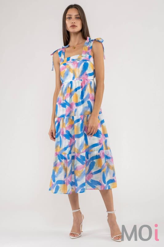 BRUSH STROKE PRINT TIERED MIDI DRESS