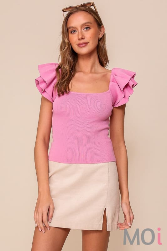 Ruffled Tiered Cap Sleeve Ribbed Knit Sweater Top