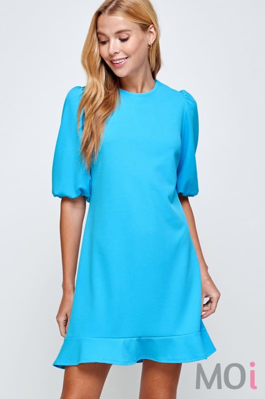 Solid Puff Sleeve Dress Aqua