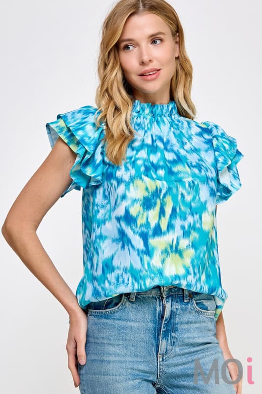 Ruffled Neckline Top Teal