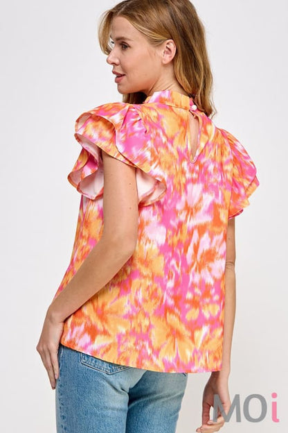 Ruffled Neckline Top Coral