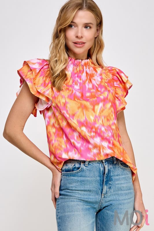 Ruffled Neckline Top Coral