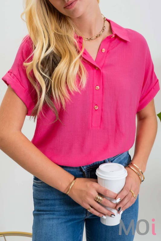 MID BUTTON DOWN CUFFED SHORT SLEEVE TOP