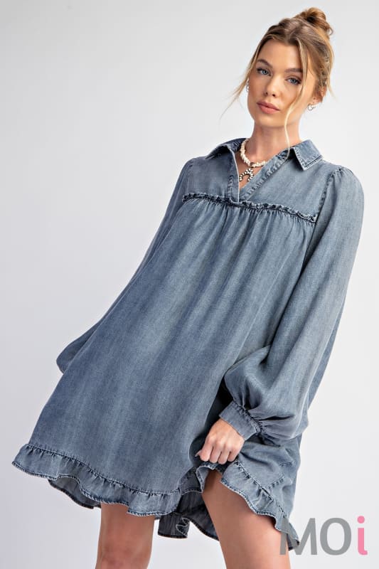 Washed Denim Ruffle Bottom Dress