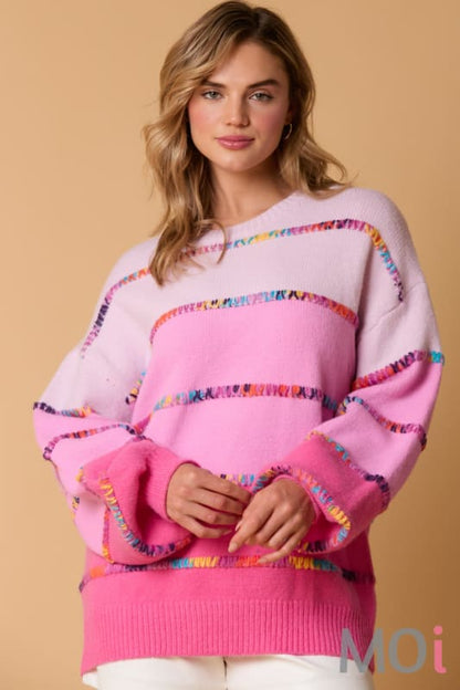 Rainbow Stitch Color Block Stripe Sweater