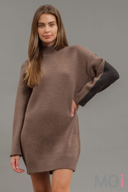 Color Block Mock Neck Sweater Dress