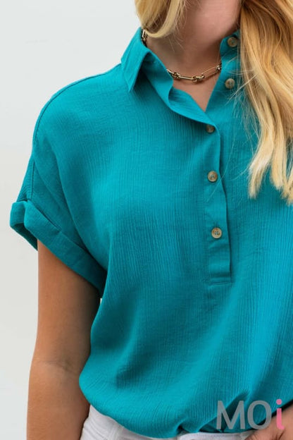 MID BUTTON DOWN CUFFED SHORT SLEEVE TOP