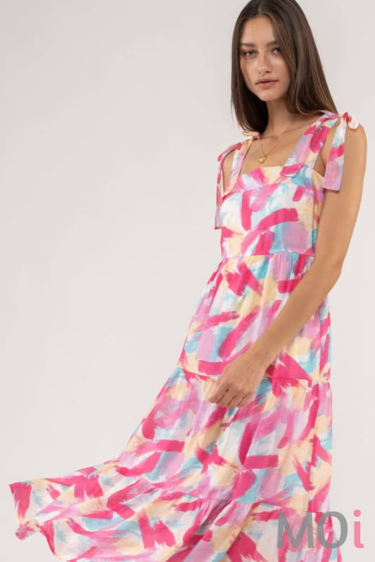 BRUSH STROKE PRINT TIERED MIDI DRESS