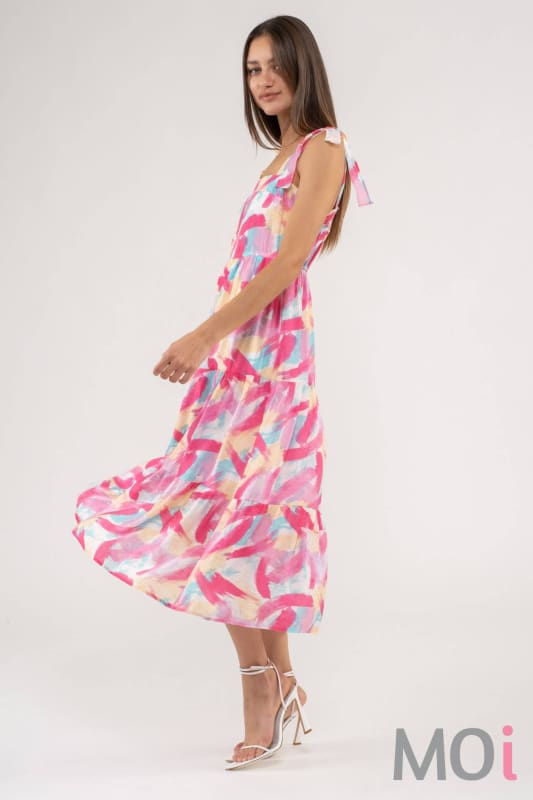 BRUSH STROKE PRINT TIERED MIDI DRESS