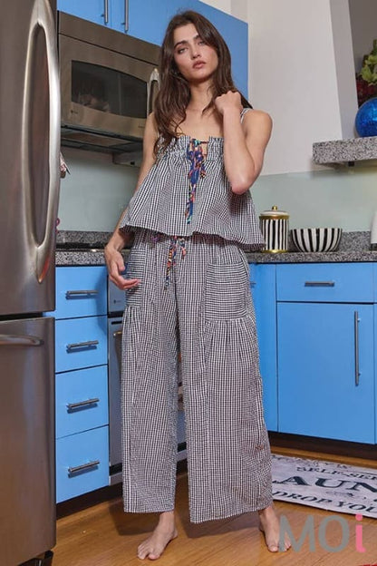 Seersucker Gingham Print Drawstring Pants