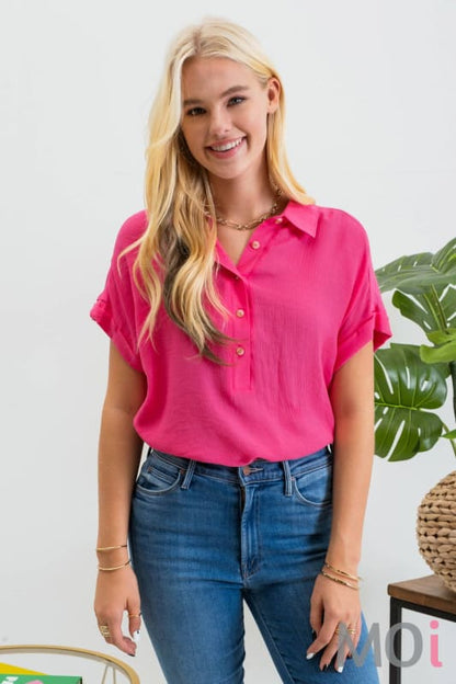 MID BUTTON DOWN CUFFED SHORT SLEEVE TOP