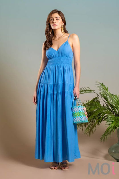 V NECK SHIRRED WAIST SLEEVELESS MIDI DRESS