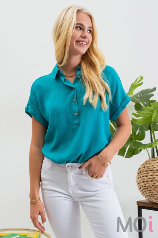 MID BUTTON DOWN CUFFED SHORT SLEEVE TOP