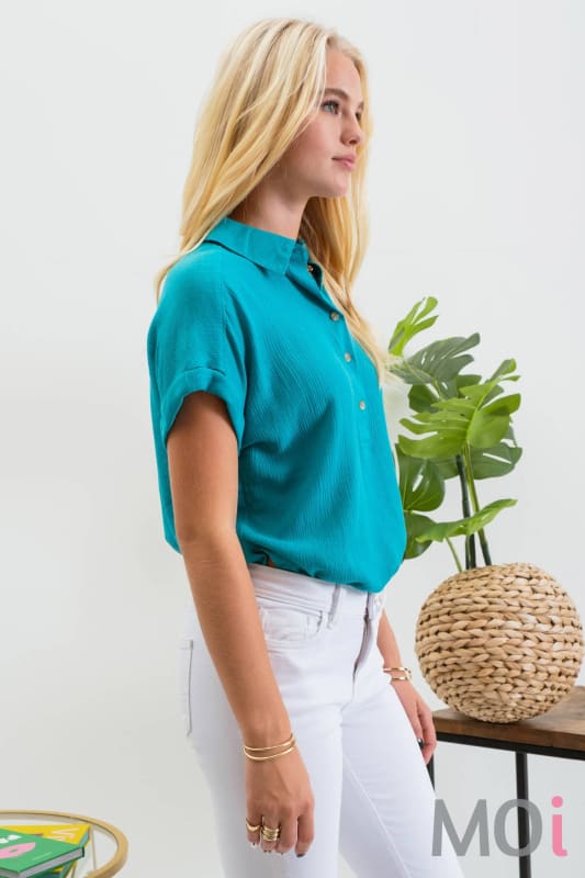 MID BUTTON DOWN CUFFED SHORT SLEEVE TOP