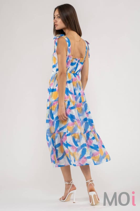 BRUSH STROKE PRINT TIERED MIDI DRESS