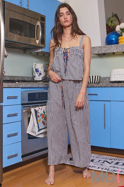 Seersucker Gingham Print Drawstring Pants