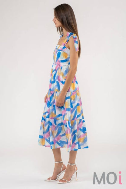 BRUSH STROKE PRINT TIERED MIDI DRESS