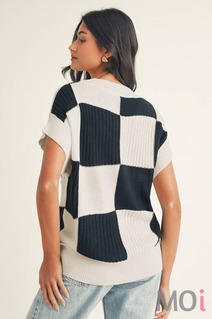 Checkered Color Block Crew Neck Short Sleeve Sweater