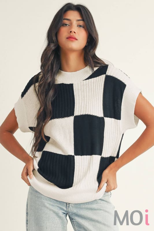 Checkered Color Block Crew Neck Short Sleeve Sweater