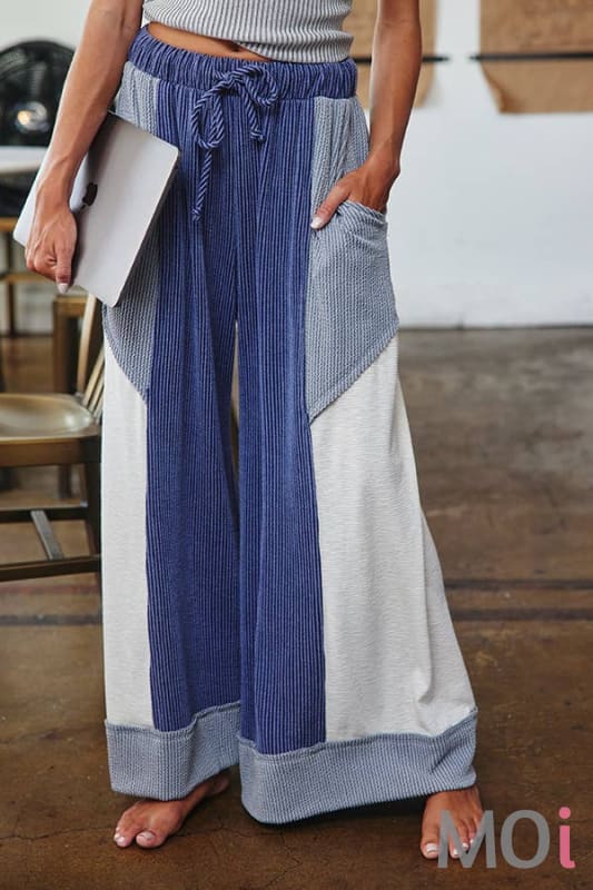 Color-Block Detail Rib Textured Wide Legs Pants