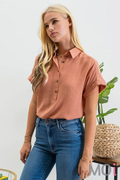 MID BUTTON DOWN CUFFED SHORT SLEEVE TOP