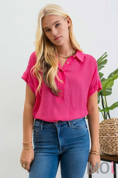 MID BUTTON DOWN CUFFED SHORT SLEEVE TOP