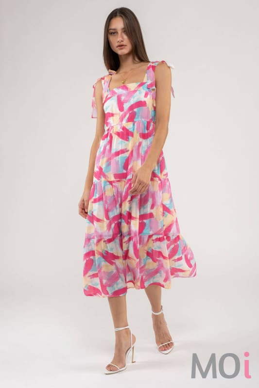 BRUSH STROKE PRINT TIERED MIDI DRESS