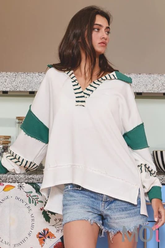 French Terry Knit Color-block Collared Loose Fit Top