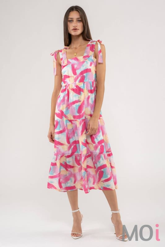 BRUSH STROKE PRINT TIERED MIDI DRESS