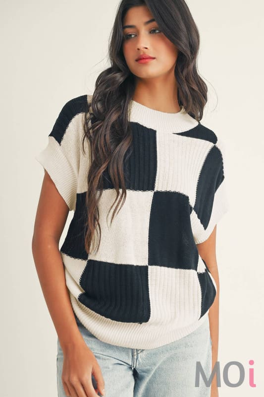 Checkered Color Block Crew Neck Short Sleeve Sweater