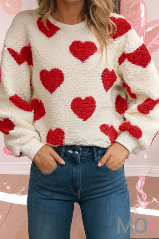 Heart Shape Drop Shoulder Crewneck Plush Sweatshirt