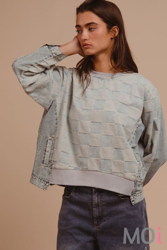 Mineral Washed Gingham Denim Top