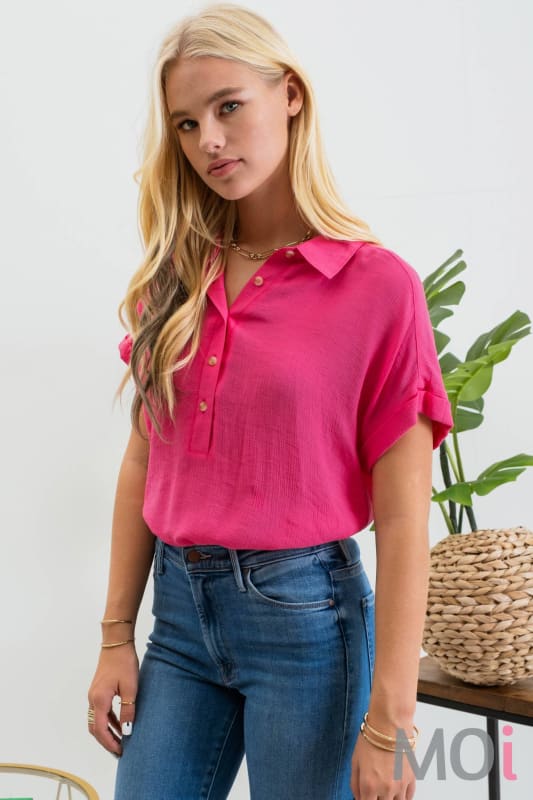 MID BUTTON DOWN CUFFED SHORT SLEEVE TOP