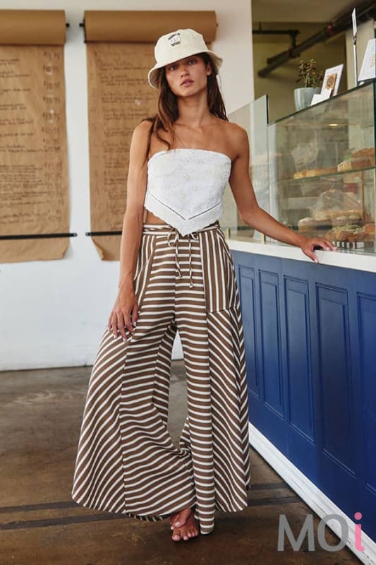 Spaghetti Tie Waist Stripe Print Wide Pants