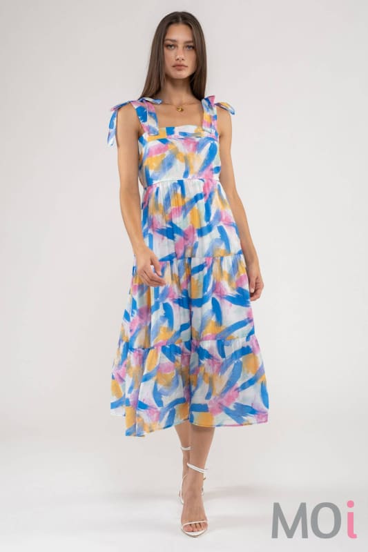 BRUSH STROKE PRINT TIERED MIDI DRESS