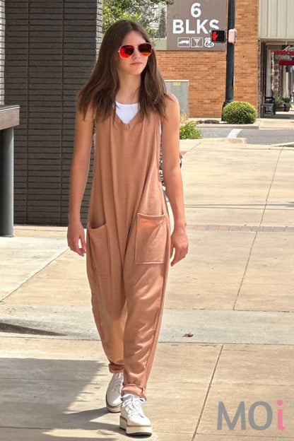 Solid Harem Jumpsuit with Pockets Camel