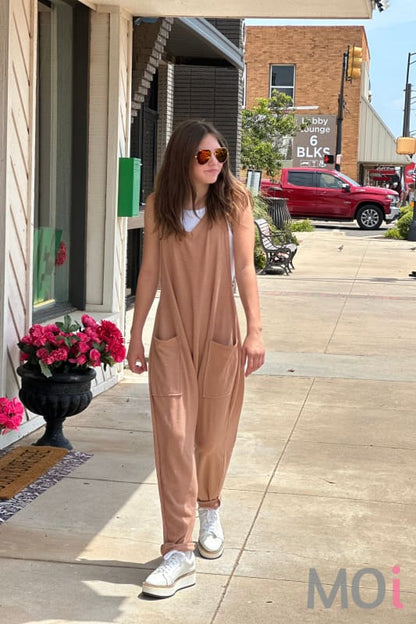 Solid Harem Jumpsuit with Pockets Camel