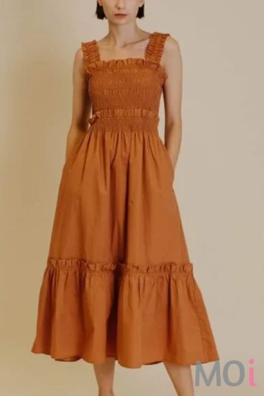 Smocked Midi Dress Terracotta