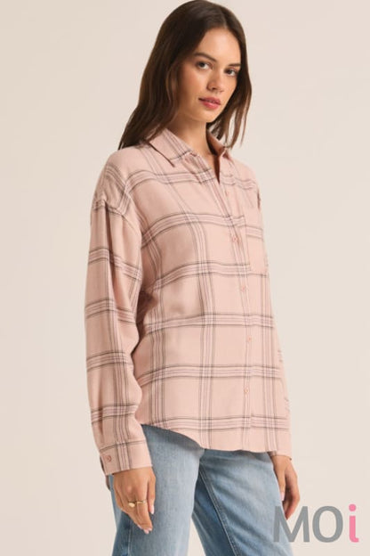 Z Supply River Plaid Button Up Lilac Gray